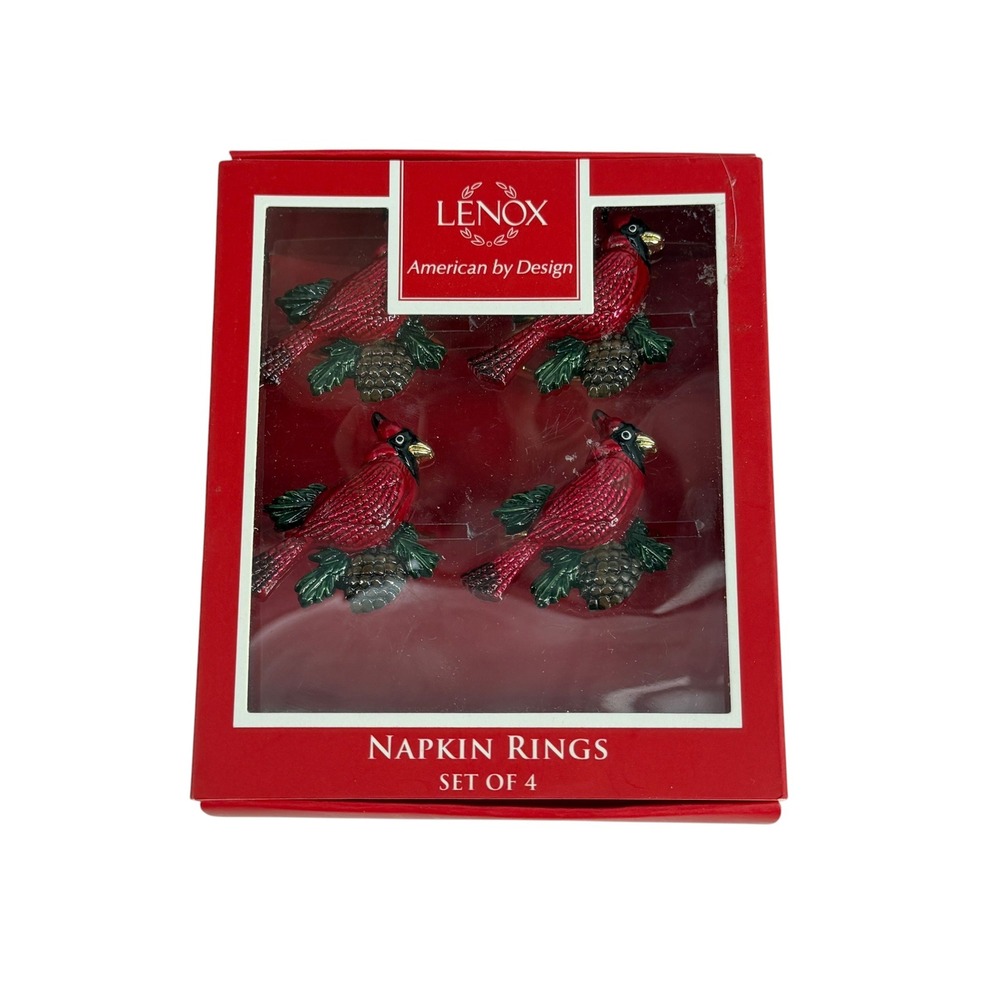 Lenox Cardinal Holiday Napkin Rings Set Of 4 Red Metal Enamel Christmas NEW